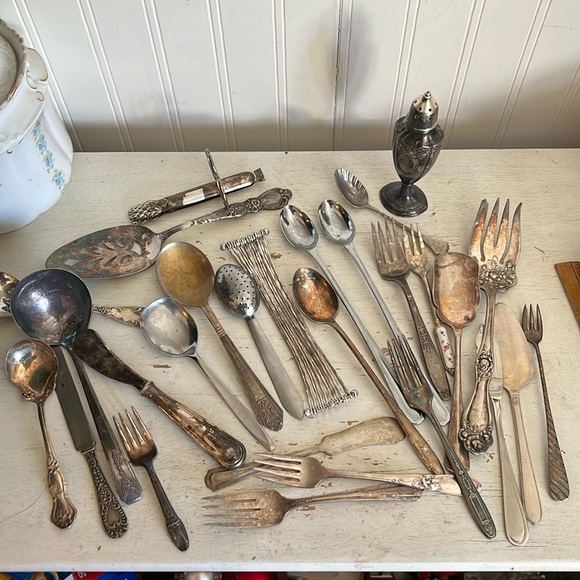 Lot of mixed antique silver plate flatware forks serving forks spoons etc.